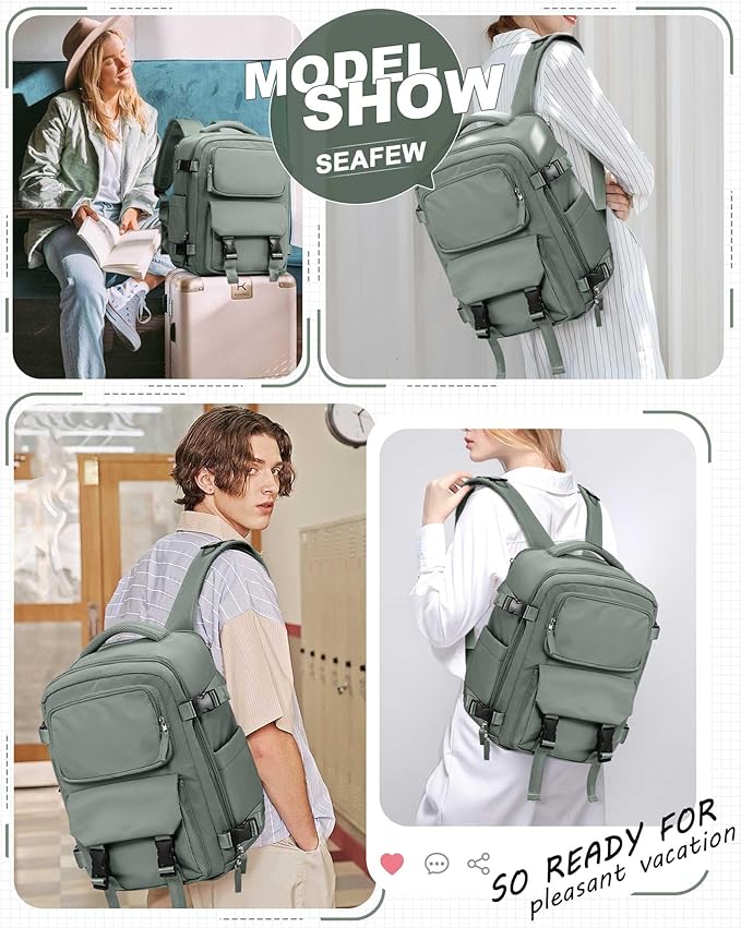 Large Travel Carry on Laptop Backpack for Women Men, Expandable Flight Approved Backpack, Waterproof Sports College bag Casual Daypack for Weekender Business Hiking with Shoe Compartment Light Green