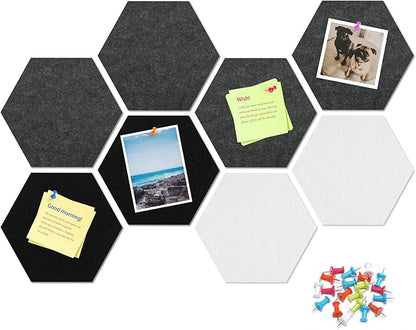 12" Large Bulletin Board with 30 Push Pins, Pack of 8 Hexagon Felt Pin Board Notice Boards for Home Office Kitchen, Felt Wall Tiles for Photos Memos