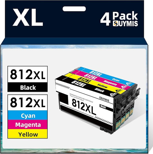 812XL Ink Cartridges with Upgraded Chip Remanufactured for Epson 812XL Ink Cartridges Combo Pack T812 812 XL Ink Work with Epson Workforce Pro WF-7840 WF-7820 WF-7310 EC-C7000 Printer(B/C/M/Y,4 Pack)