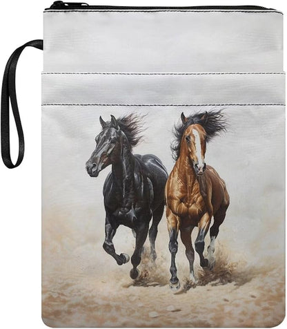 COEQINE Horses Themed Zippered Book Covers for Soft Cover Books Hard Cover Cool Animal Book Protectionale Book Sleeves Case with Hand Handles Portable Chain