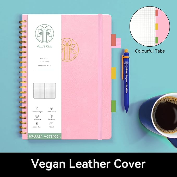 Alltree Large Graph Notebook Journal, Spiral Graph Grid Notebook for Work, Spiral Notebook with Pen Loop, Pocket, Stickers, 160 Pages, Journal for Women & Men, Pink(6"x8.5")