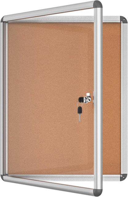 26"x20" Enclosed Bulletin Board, Lockable Weather-Resistant Aluminum Cork Noticeboard for School & Office, Silver Frame w/Cork