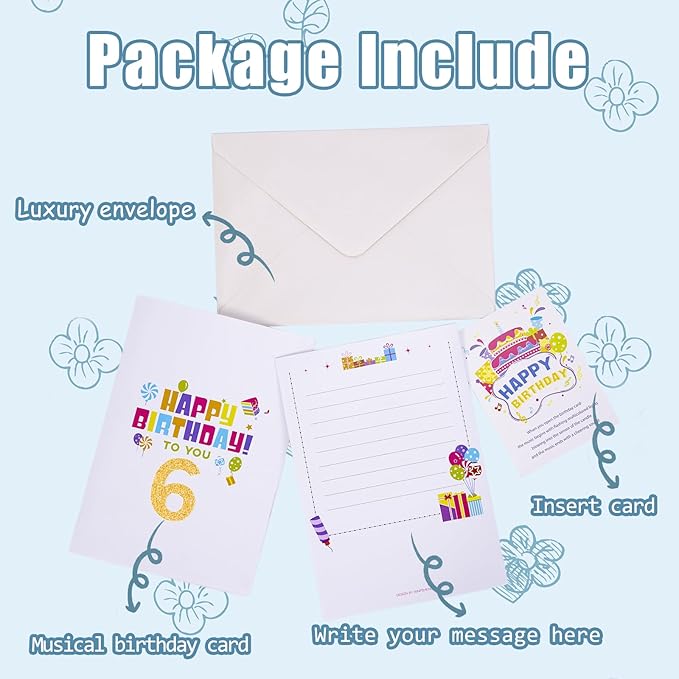 Gumry 6TH Musical Birthday PopUp Card, Blowable Colorful Light Candle 3D Cards with Song, Applause Cheers Sound, Greeting Cards Birthday Gifts Decorations for Daughter Son Turning 6 Years Old