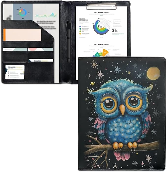 Office Folder Cute Owl Print PU Leather Padfolio with A4 Size Clipboard Clip for Business Resume Interview Document Sleeve Binder Folder for Men/Women