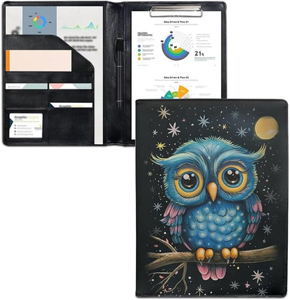 Office Folder Cute Owl Print PU Leather Padfolio with A4 Size Clipboard Clip for Business Resume Interview Document Sleeve Binder Folder for Men/Women