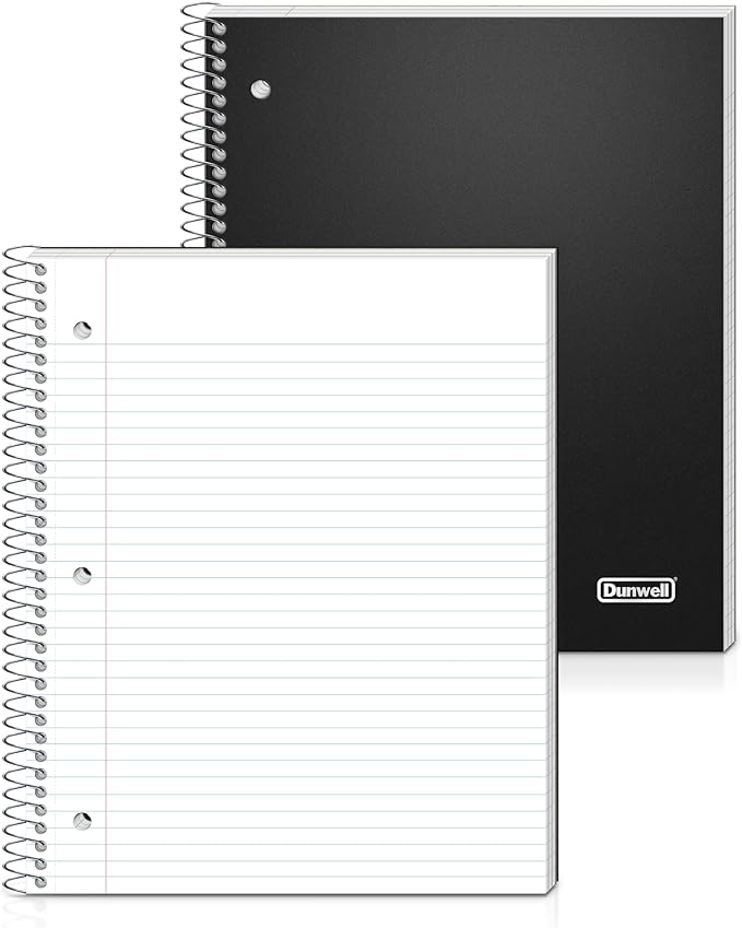 Dunwell 3-Subject Notebook College Ruled (Black), Spiral Notebook 8.5 x 11, Plastic Cover, 3 Pocket Dividers, 150 Sheets (300 Pages), 3-Hole Punched Perforated 8 1/2 x 11 Paper