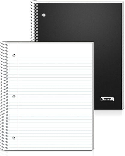 Dunwell 3-Subject Notebook College Ruled (Black), Spiral Notebook 8.5 x 11, Plastic Cover, 3 Pocket Dividers, 150 Sheets (300 Pages), 3-Hole Punched Perforated 8 1/2 x 11 Paper