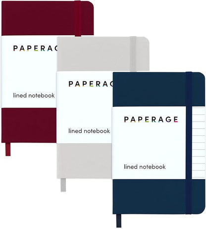 PAPERAGE Lined Pocket Journal Notebook, 3 Pack, (Navy, Light Grey, Burgundy), 160 Pages, Small, 3.6 inches x 5.6 inches - 100 GSM Thick Paper, Hardcover