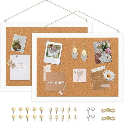 2-Pack Double-Sided Cork Board, 16" x 12" Hanging Wood Framed Small Bulletin Board, Picture Display Vision Board Kit Corkboards for Wall Room School Office Decor, 20 Pushpins (Vintage White)