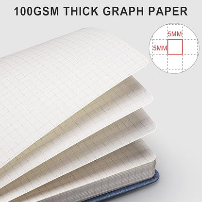AHGXG Graph Paper Notebook - 320 Pages Grid Notebook Thick Journal A5, 100gsm Thick Graph Paper, Leather Hardcover, Inner Pocket,5.75'' × 8.38''- GrayBlue