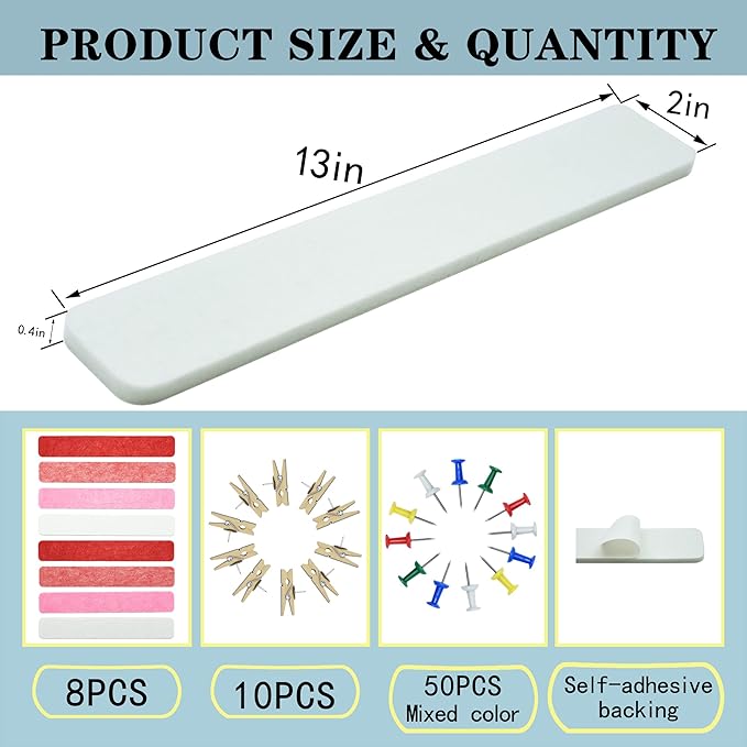 Red & White Bulletin Board Strips, 8Pcs Felt Pin Board Bar Strips with 50 Pushpins, Self-Adhesive Felt Cork Board Strips for Wall to Display Your Notes, Photos, Schedules, Announcements