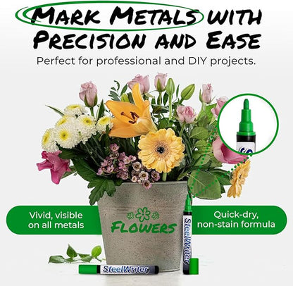 Metal Marking Paint Pen - Industrial Marker For Writing & Drawing on Steel and Metals - Washable Removable Paint Markers For Metal, Wet Erase Metal Paint, Green Paint Pen for Construction and Welders