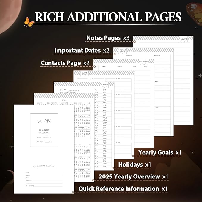 2025 Planner Weekly & Monthly Agenda Book, Daily Planner Hardcover, 2025 To Do List Notebook with Monthly Tabs, Pocket, Spiral Bound, Elastic Closure, Thick Paper(6 * 8.5) Butterfly