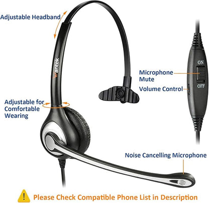 Wantek 2.5mm Telephone Headset Monaural with Noise Canceling Mic+Quick Disconnect Compatible with Cisco Linksys SPA Polycom Grandstream Panasonic Zultys AT&T Office IP & Cordless Dect Phones(600QJ25)