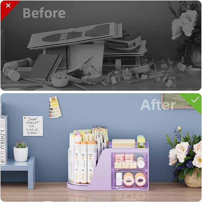 Marbrasse Desk Organizer with 2 Drawer, 360 Rotating Pen Holder, 6 Slots Pencil Organizer + 2 Drawer, Art Supply Storage Box Caddy for Office (Purple)