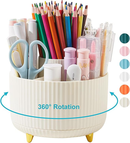 Desk Pencil Pen Holder, 5 Slots 360 Degree Rotating Pencil Pen Organizers for Desk Desktop Storage Stationery Supplies Organizer Cute Pen Cup for Office School Home Art Supply Cream Yellow