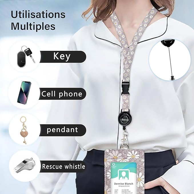 bolimoss Daisy ID Badge Holder with Adjustable Lanyard,Retractable ID Badge Card Holders Detachable Neck Lanyard Strap with Badge Reel and Leather ID Holder for Nurse Students Teachers Office Staff