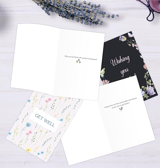 24 Pack Floral Get Well Cards with Self-adhesive Envelopes, 4"x6" Boxed Prefilled Greeting Note Cards to Friends, Relatives or Loved One, 24 Unique Designs