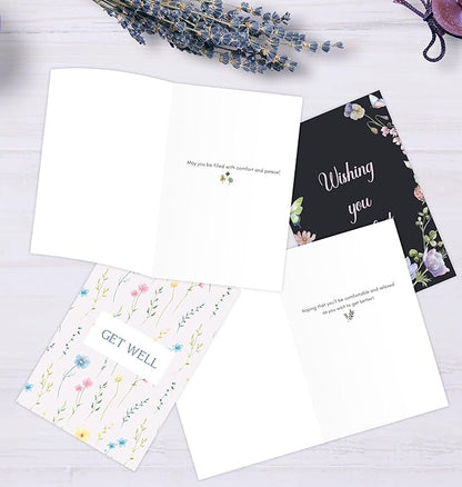 24 Pack Floral Get Well Cards with Self-adhesive Envelopes, 4"x6" Boxed Prefilled Greeting Note Cards to Friends, Relatives or Loved One, 24 Unique Designs