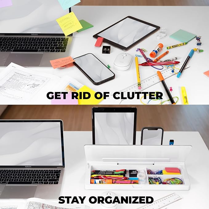 Desktop Whiteboard - Glass Dry Erase White Board - Desk Computer Buddy – Home Office & Studying Essentials - with Phone & Tablet Slot, Storage Compartment - Includes 4 Markers, 1 Eraser (2 Pack)