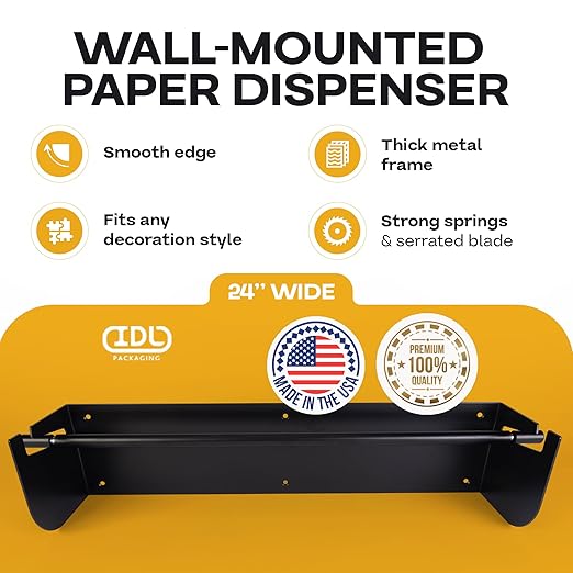 IDL Packaging 24" Wall Mounted Kraft Paper Roll Dispenser & Cutter for Rolls up to 24" Wide and 9" in Diameter – Durable Paper Holder with a Serrated Blade – Wall Mount Set Included