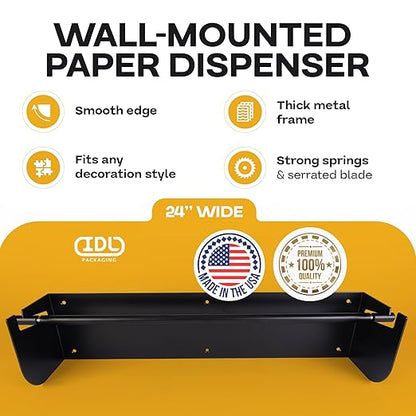 IDL Packaging 24" Wall Mounted Kraft Paper Roll Dispenser & Cutter for Rolls up to 24" Wide and 9" in Diameter – Durable Paper Holder with a Serrated Blade – Wall Mount Set Included