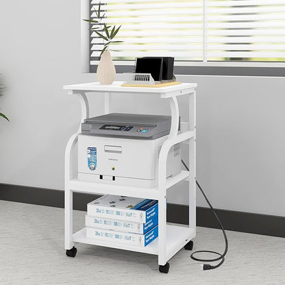 Natwind 3 Tier Printer Stand,Printer Table with Adjustable Storage Shelf, Rolling Printer Cart with Wheels for Home Office Organization,Multifunctional Shelves for Heat Press,3D Printer (White)