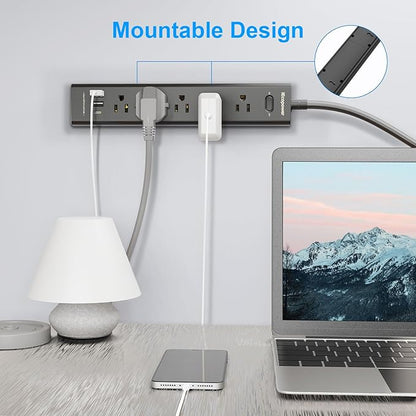 2 Pack Power Strip Surge Protector-5 Widely Spaced Outlets 3 USB Ports(1 USB C Port),1250W/10A with 5Ft Extension Cord, Power Strips with Surge Protection, Wall Mount for Home Office,Black