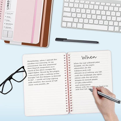 Lined Spiral Journal Notebook, A5 Hardcover Leather Notebook for Work, 5.7''×8.2'', 100GSM Thick Paper Spiral Bound Journaling Notebooks for Women & Men Office School Note Taking Business, Pink