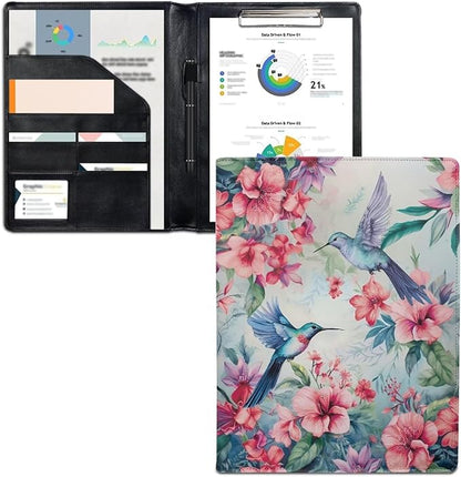 PsaytomeyFlower Hummingbird Portfolio Folder Leather Padfolio with A4 Size Clipboard Clip for Business Resume Interview Document Sleeve Binder Folder for Men/Women