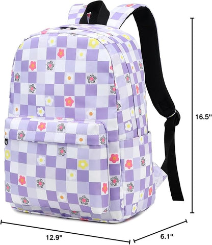 Flowers Checkered School Backpack for Teens Girls, Womens College Bookbags Kids School Bags Laptop Backpacks (Purple)