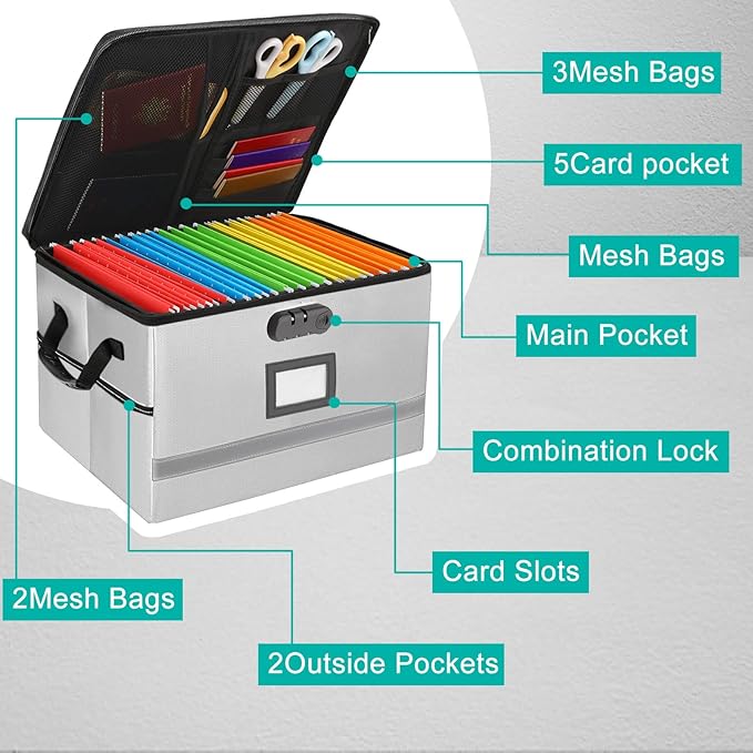 File Box with Lock, Portable Document Organizer Box with Handle, Fireproof File Box for Home Office, Legal File Organizer Storage