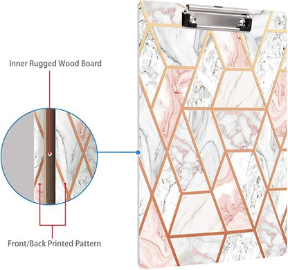 WAVEYU Marble Clipboard Decorative for Office, Cute Clipboard Hardboard with Low Profile Clip Designed for Middle High School College Student Girl Women Adult Teen Gift, Pink+Gold (12.5"x8.5")