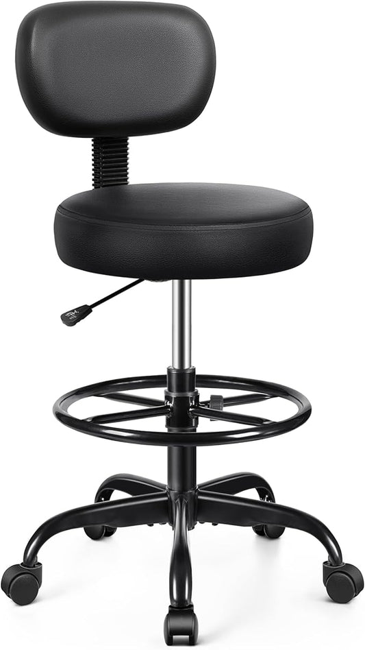 Drafting Chair with Backrest – Adjustable Foot Rest Rolling Stool with Wheels, PU Leather Swivel Stool for Office Spa Studio Lab Counter Salon Home Work Bar Kitchen Shop(Black)