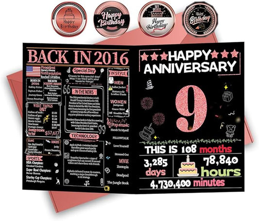 Joycard 9th Anniversary Card for Women, Wedding Card for Wife, Sweet Marriage Decorations Gifts for Couple, Perfect for Her on Anniversary Day, Back in 2016