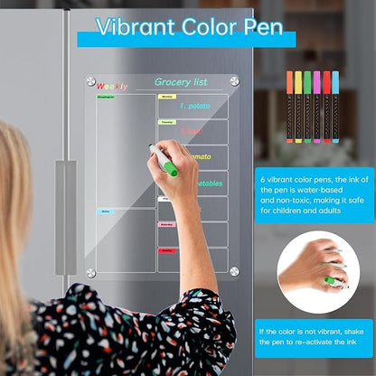 Fridge Calendar Meal Planning Board, Dry Erase Acrylic Magnetic Monthly Weekly Calendar Planner for Refrigerator with 6 Colors Markers (Transparent-Weekly(15.7x11.8"))