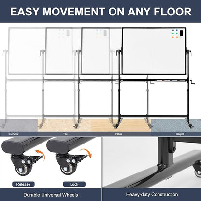 TANKEE Mobile White Board 48 X 36 Inches Height Adjustable Large Magnetic Whiteboard on Wheels, Double-Sided Rolling Dry Erase Board with Stand, Great for Office School Classroom Home