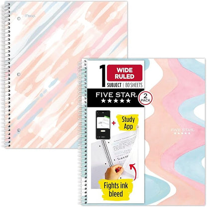 Five Star Spiral Notebook + Study App, 2 Pack, 1 Subject, Wide Ruled, 8" x 10-1/2", 80 Sheets, Pastels (930210F-ECM)
