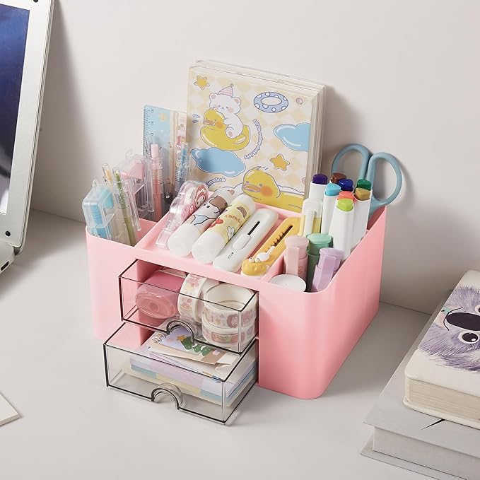 Pen Holder with Drawer, Office Desk Pen Organizer Multi-Functional Pencil Cup Makeup Brush Holder Cup Storage Office Business Card Pen Pencil Mobile Phone Stationery Holder Storage Box Pink