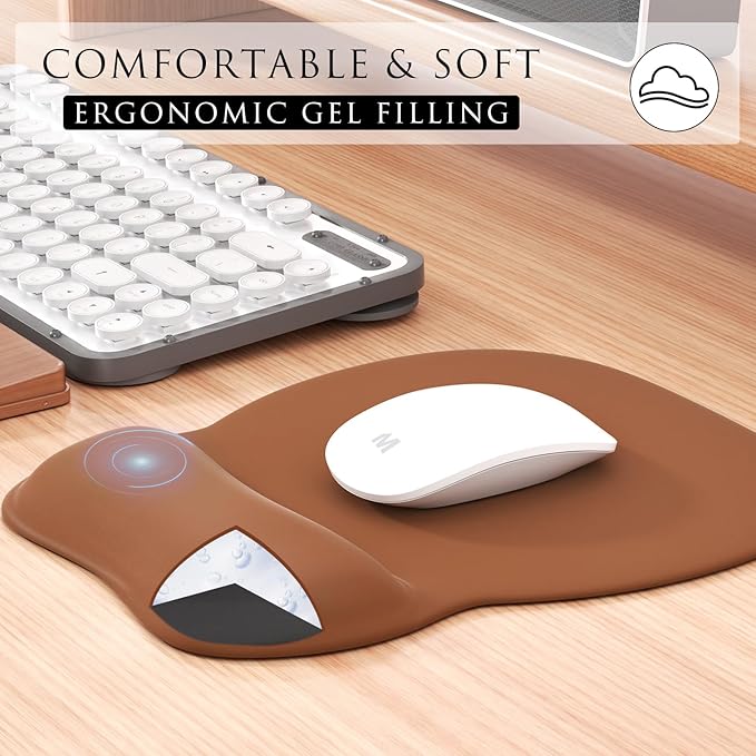 MROCO Ergonomic Mouse Pad with Gel Wrist Rest, Comfortable Mousepad with Smooth Wrist Support Surface and Non-Slip PU Base for Pain Relief, Computer, Laptop, Office & Home, 9.4 x 8.1 in, Coffee Brown