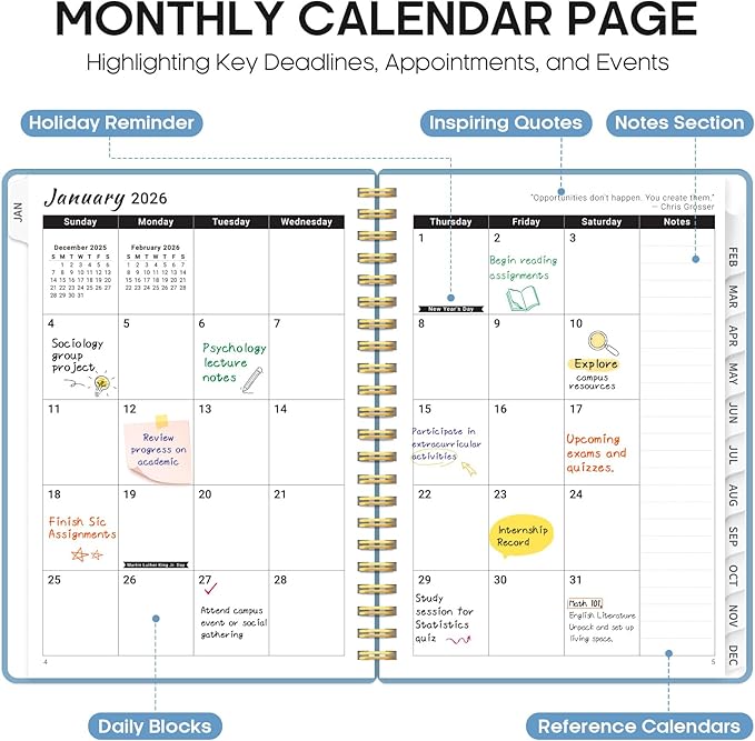 2026 Planner, Weekly and Monthly Calender Planner, Jan 2026 to Dec 2026, Hardcover 2026 Calendar Planner Book with Tabs & Inner Pocket, Office Home School Supplies for Women & Men - A5 (6.3" x 8.5"), Blue