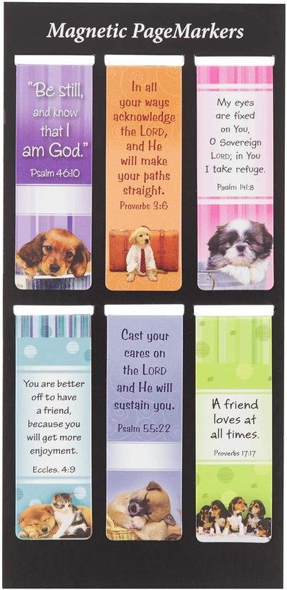Christian Art Gifts Magnetic Scripture Bookmark Set with Bible Verse: Be Still - Psalm 46:10 Inspirational Puppy-Themed Magnetic Bible Verse Pagemarker Set of 6 for Bibles and Books, Size 2.3" x 0.8"