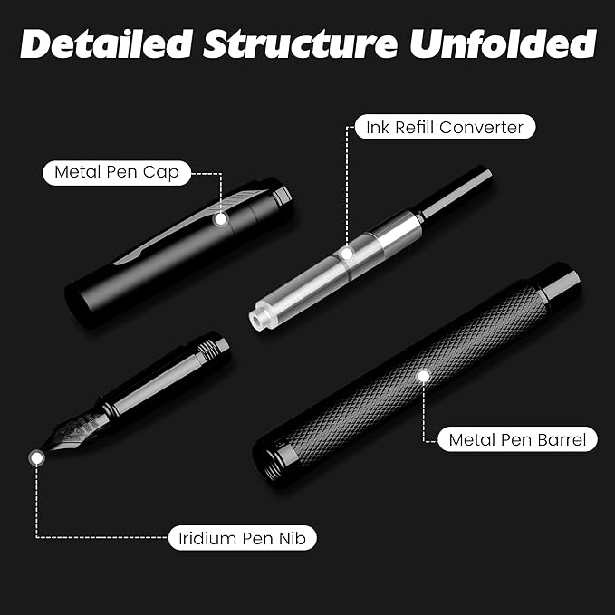 Fountain Pen with Fine Nib - Modern Black Metal Design with Intricate Knurled Grip, Smooth and Skip-Free Writing, Includes Ink Cartridges, Converter, and Protective Sleeve