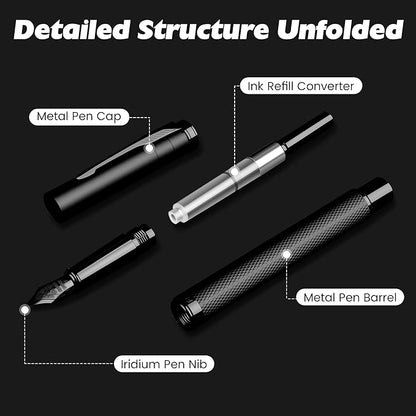 Fountain Pen with Fine Nib - Modern Black Metal Design with Intricate Knurled Grip, Smooth and Skip-Free Writing, Includes Ink Cartridges, Converter, and Protective Sleeve