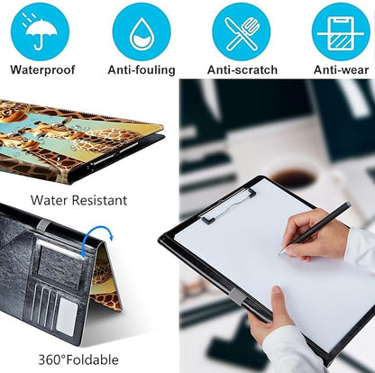 PU Leather Padfolio Folder Clipboard Portfolios Organizer Conference Document Organizer with Business Card Holder Storage Clipboard Writing Pad,Giraffe