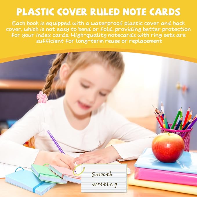 10 Pack Index Cards 3x5 Inches, 600 Pcs Waterproof Poly Cover Ruled Note Cards with Elastic Band Closure, Heavy Notecards with Rings Flash Cards for Studying Office Home School College