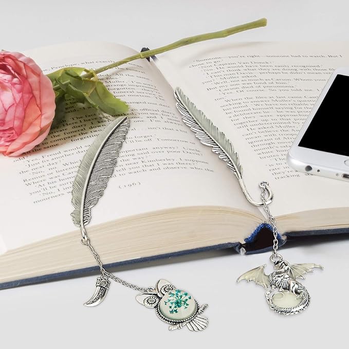 2 Pack Vintage Feather Metal Bookmark, Unique Glow in The Dark Bookmark Gift for Men Women(Dragon & Owl Antique Silver)