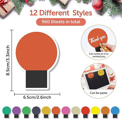 48 Pcs Christmas Light Bulb Shape Sticky Notes Christmas Colorful Sticky Pad Self-Adhesive Xmas Memo Pads for Christmas Holiday Office School Home Teachers Present 48 Books 20 Sheets Per Pad
