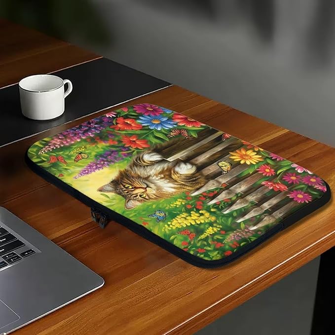 Cats Flower Printed Laptop Briefcase for Women Men, Waterproof 10 Inch Laptop Bag Messenger Bag Lightweight Laptop Case for Office Business Traveling Daily Use, Gift for Father