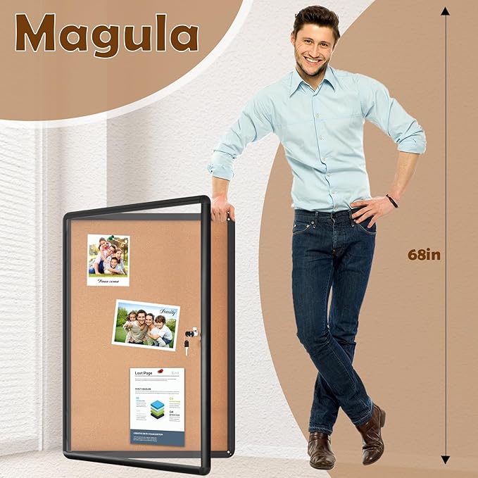 Magula 36"x24" Enclosed Cork Bulletin Board Tamper-Proof Dispaly Case, Black Aluminium Frame, Shatter Resistant Lockable Bulletin Board, Enclosed Cork Board for School, Office,Commercial,Hospital etc